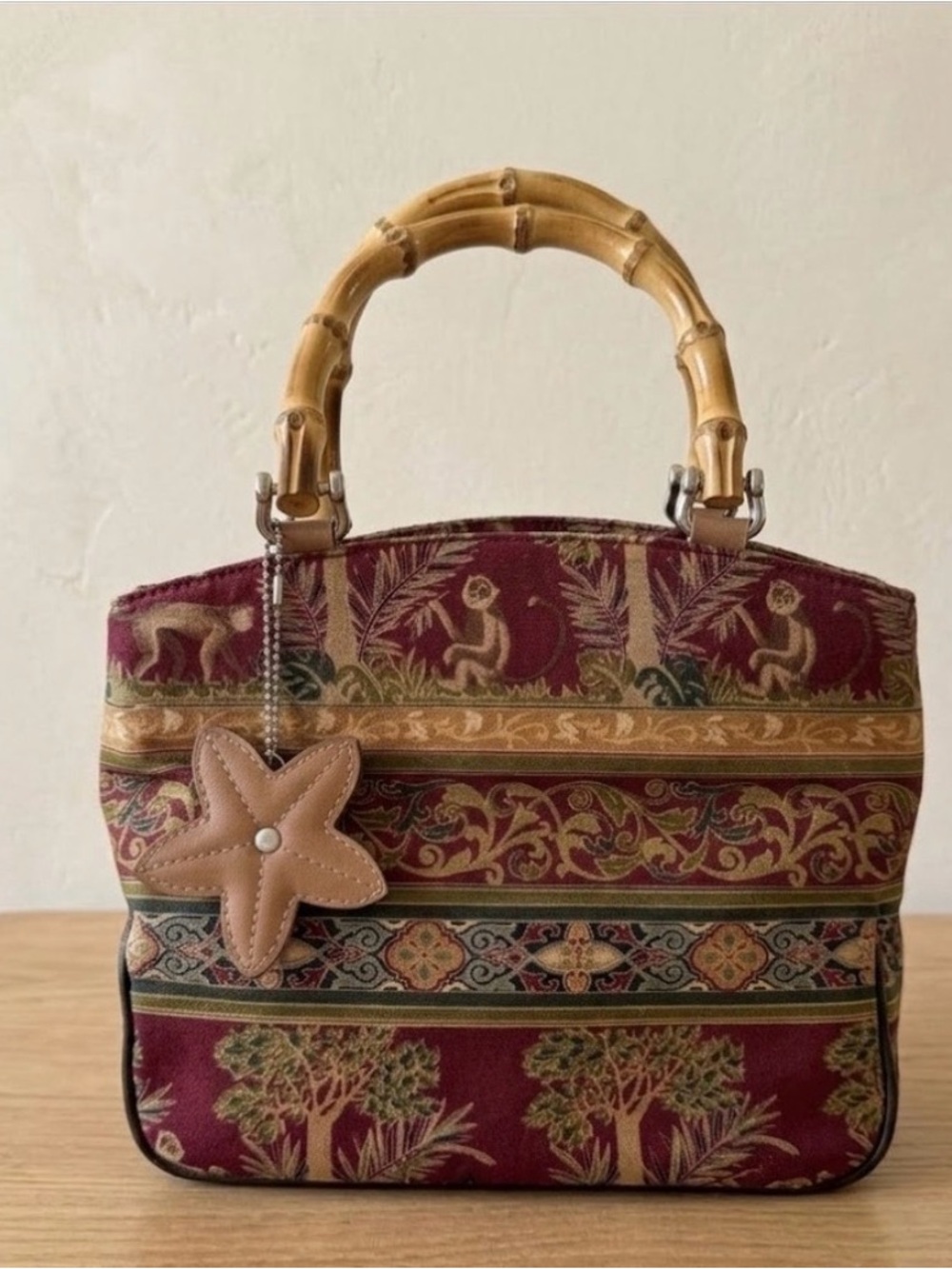 Bamboo Handle Safari Tapestry Satchel Bag in Burgundy Vintage